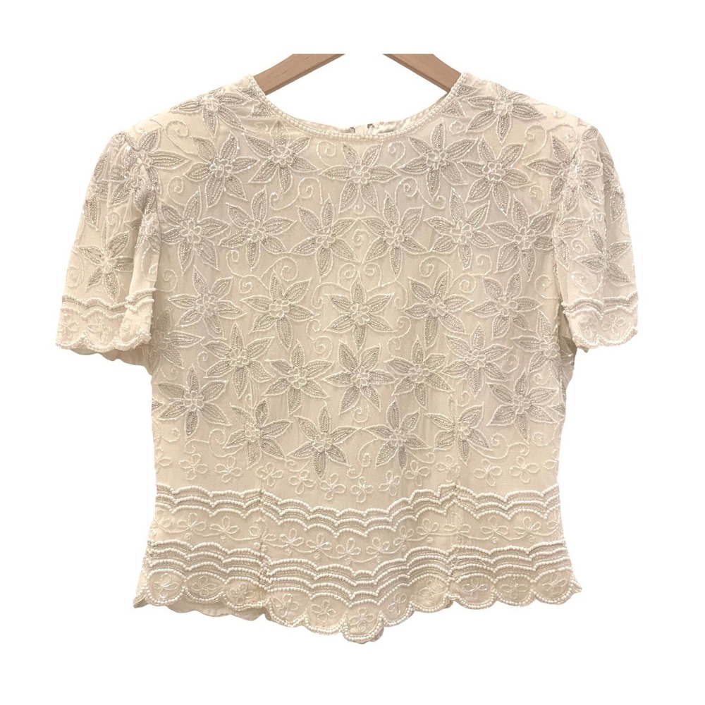 Papell Boutique Evening Silk Beaded Top Ivory Silver PS Bridal Vintage Statement